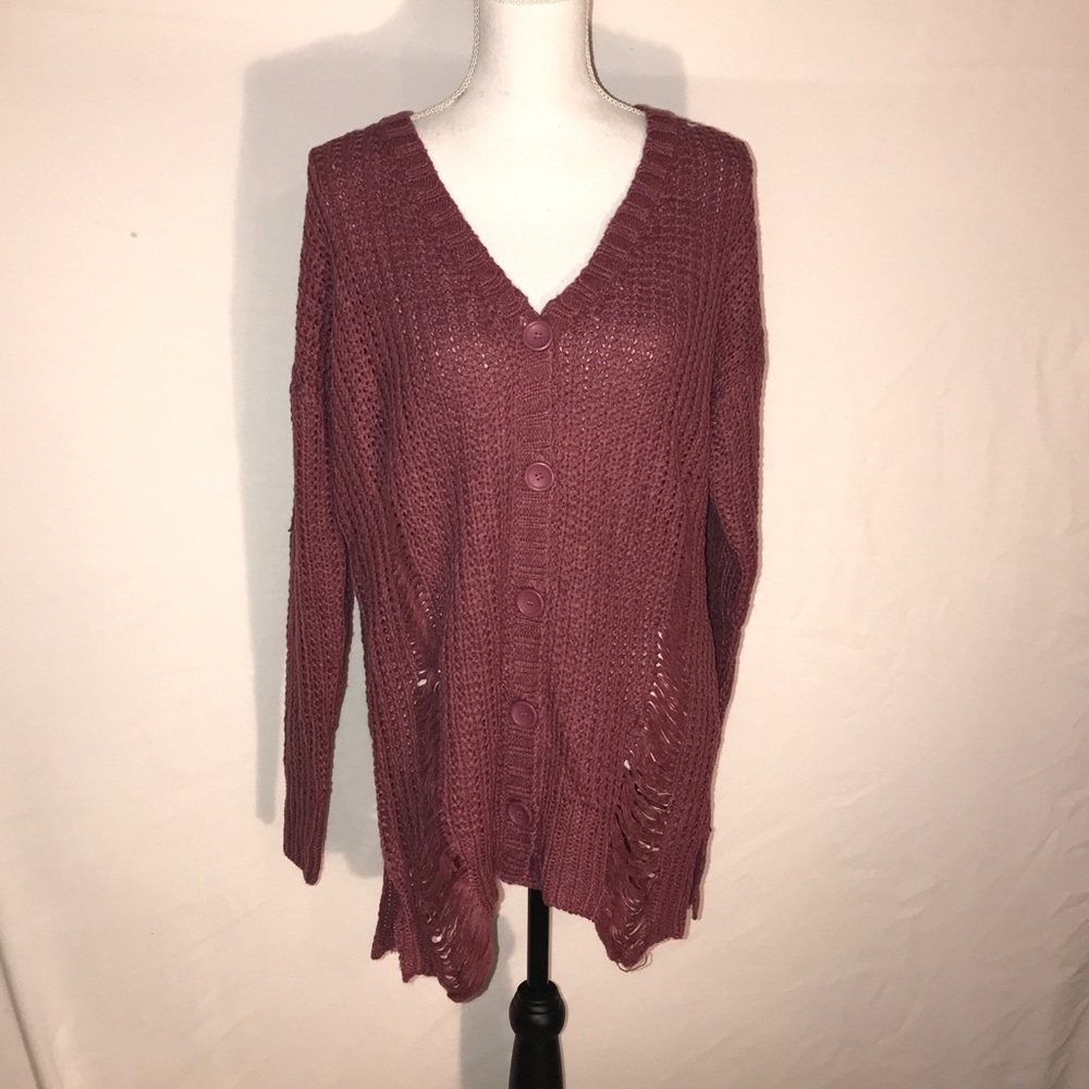 Derek Heart  Distressed Knit Cardigan Pink